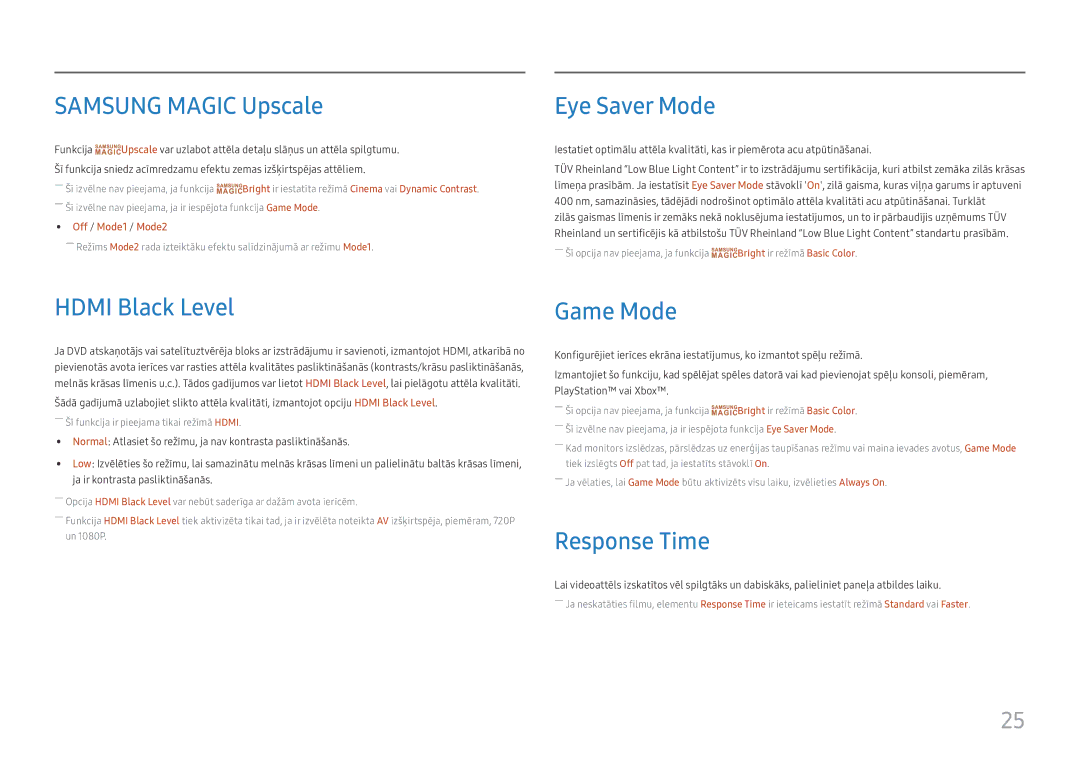 Samsung LC27H711QEUXEN manual Samsung Magic Upscale, Eye Saver Mode, Hdmi Black Level, Game Mode, Response Time 