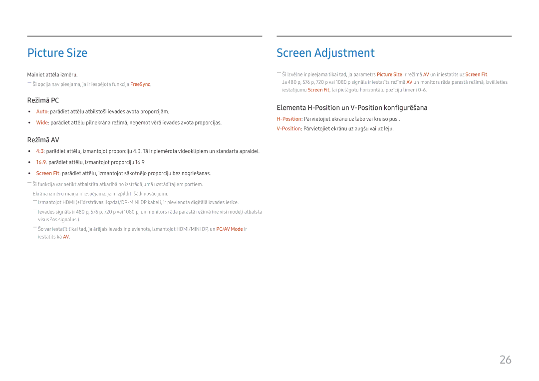 Samsung LC27H711QEUXEN manual Picture Size, Screen Adjustment 