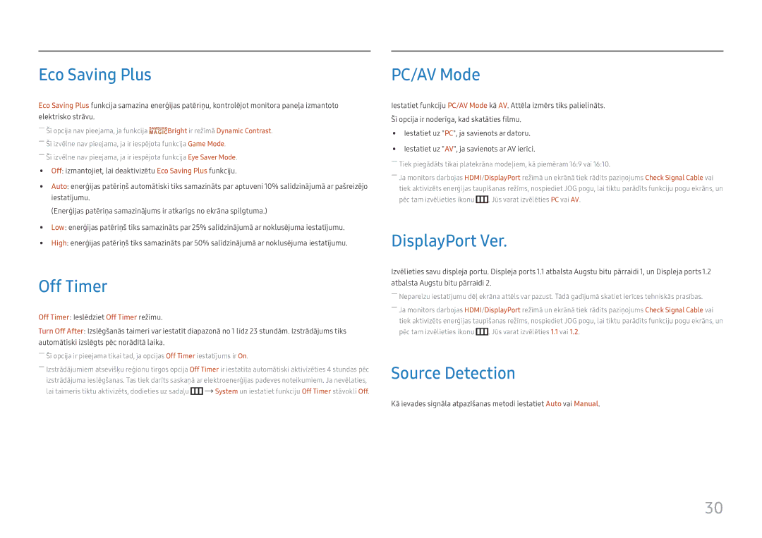 Samsung LC27H711QEUXEN manual Eco Saving Plus, Off Timer, PC/AV Mode, DisplayPort Ver, Source Detection 
