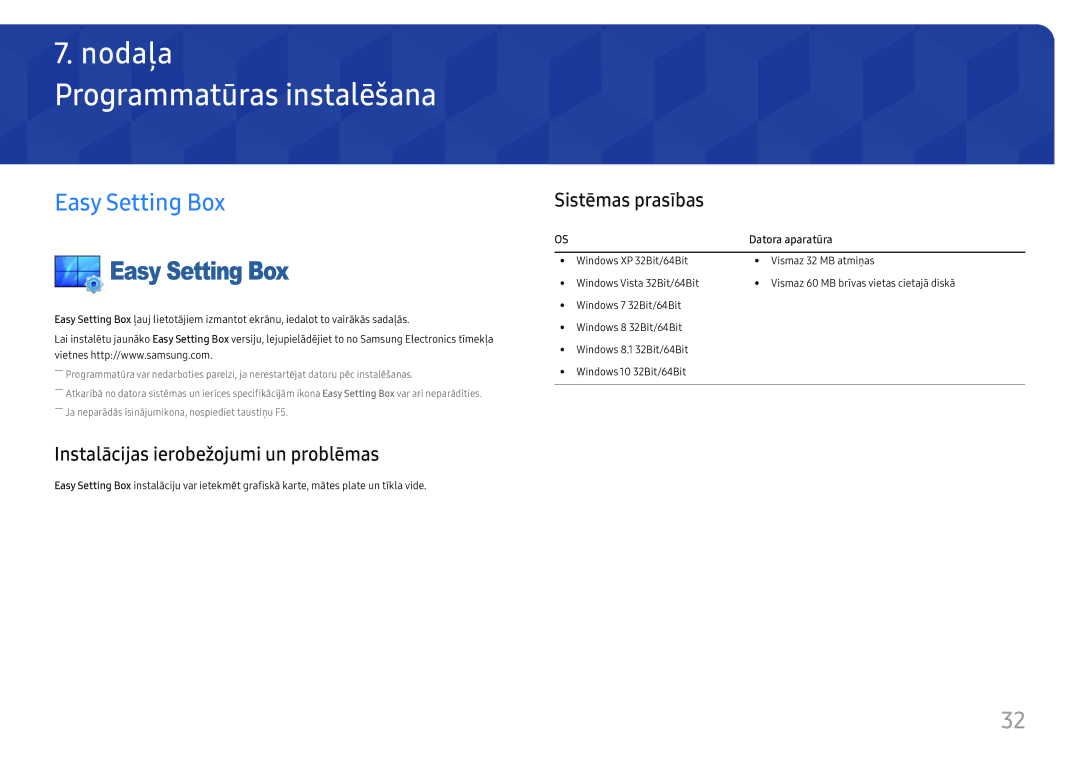 Samsung LC27H711QEUXEN manual Programmatūras instalēšana, Easy Setting Box, Instalācijas ierobežojumi un problēmas 