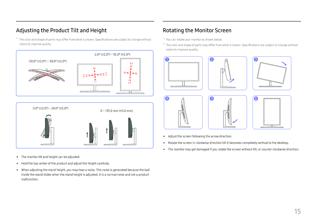 Samsung LC27H800FCIXCI, LC27H800FCUXEN manual Adjusting the Product Tilt and Height, Rotating the Monitor Screen 