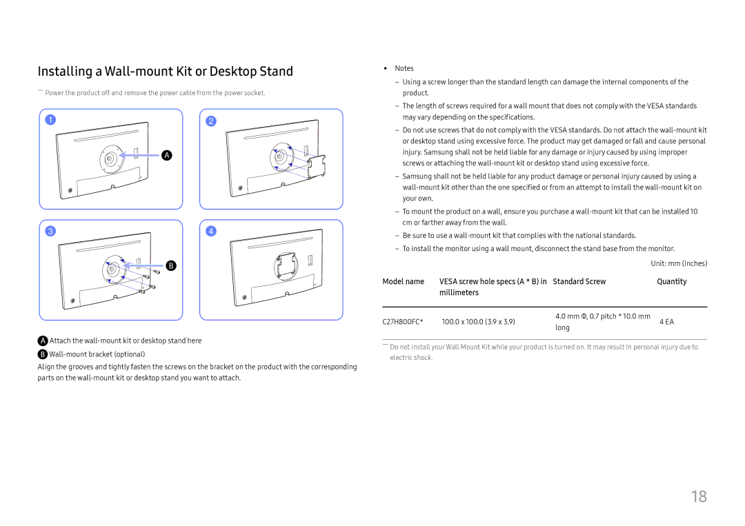 Samsung LC27H800FCUXEN, LC27H800FCIXCI manual Installing a Wall-mount Kit or Desktop Stand 