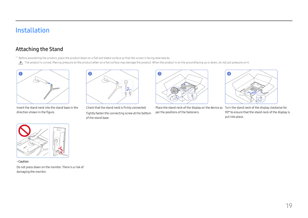 Samsung LC27H800FCIXCI, LC27H800FCUXEN manual Installation, Attaching the Stand 