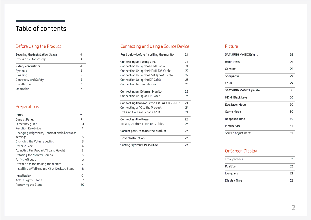 Samsung LC27H800FCUXEN, LC27H800FCIXCI manual Table of contents 