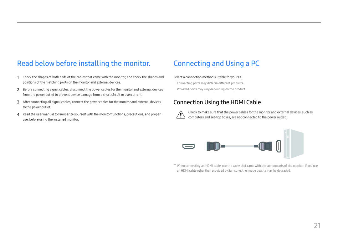 Samsung LC27H800FCIXCI, LC27H800FCUXEN manual Connecting and Using a Source Device, Read below before installing the monitor 