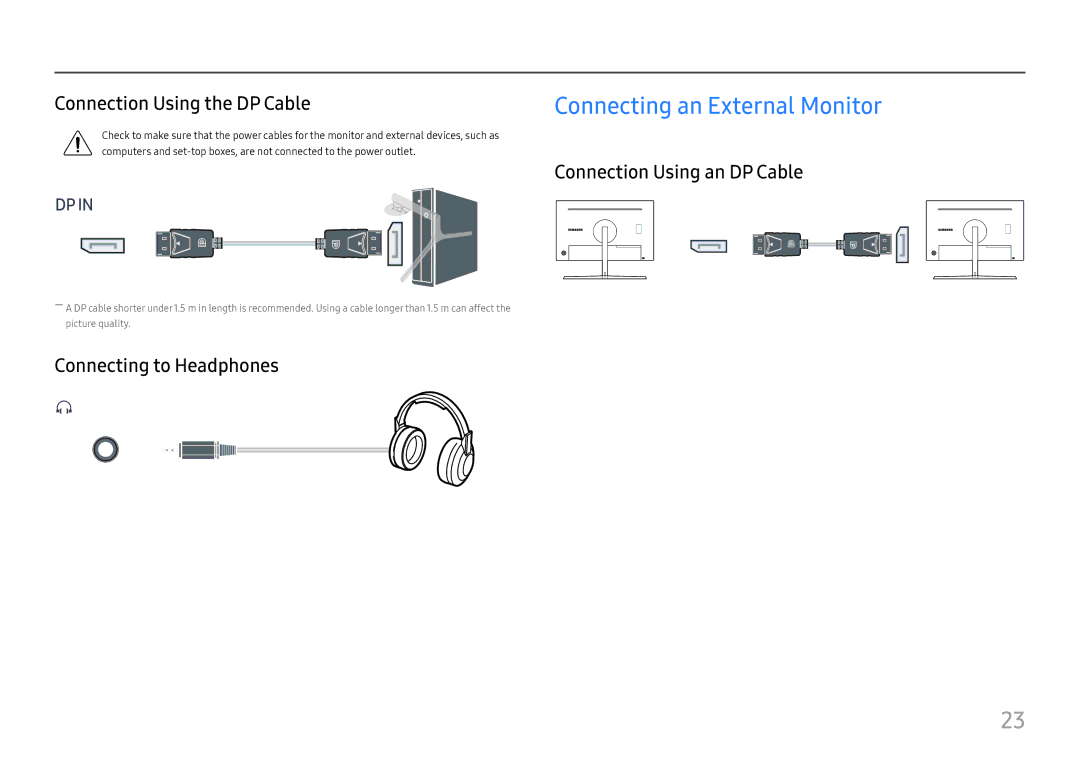 Samsung LC27H800FCIXCI manual Connection Using the DP Cable, Connection Using an DP Cable, Connecting to Headphones 