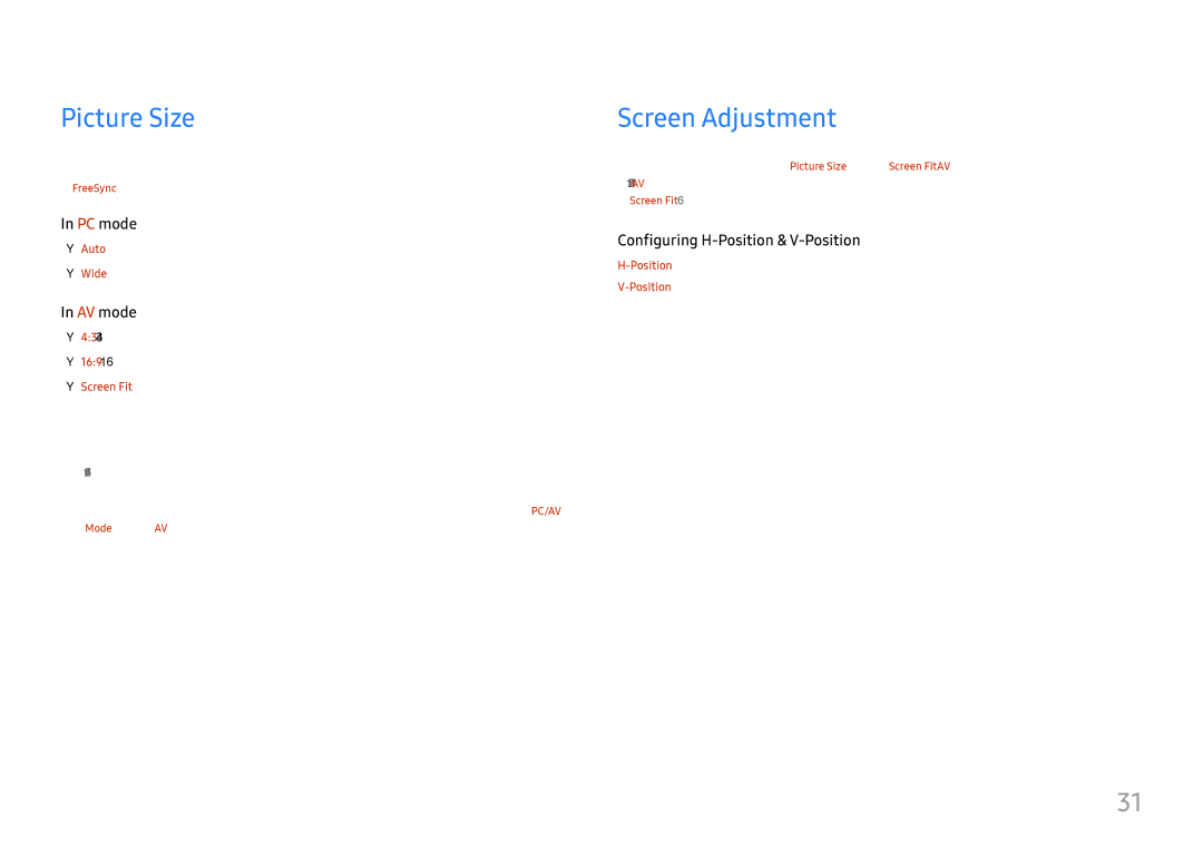 Samsung LC27H800FCIXCI, LC27H800FCUXEN manual Picture Size, Screen Adjustment 