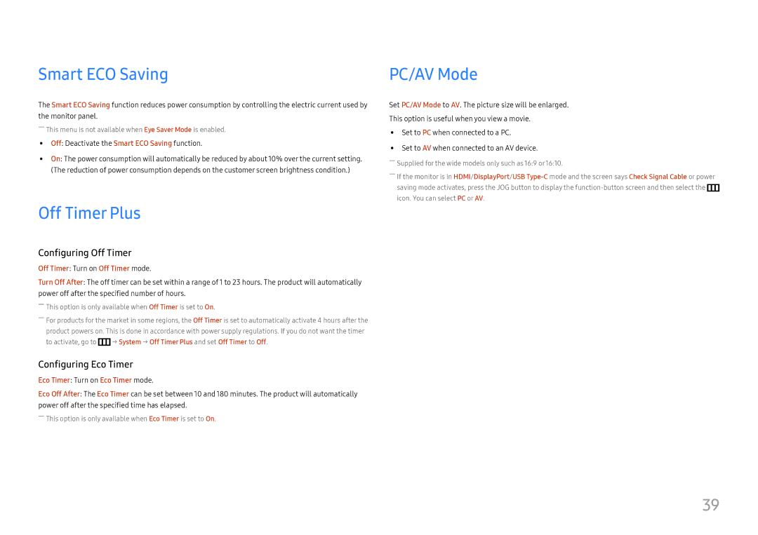 Samsung LC27H800FCIXCI, LC27H800FCUXEN manual Smart ECO Saving, Off Timer Plus, PC/AV Mode 