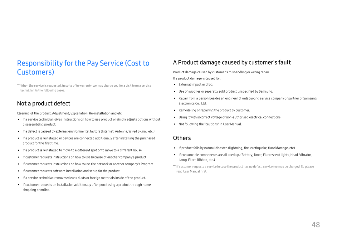 Samsung LC27H800FCUXEN manual Appendix, Responsibility for the Pay Service Cost to Customers, Not a product defect, Others 