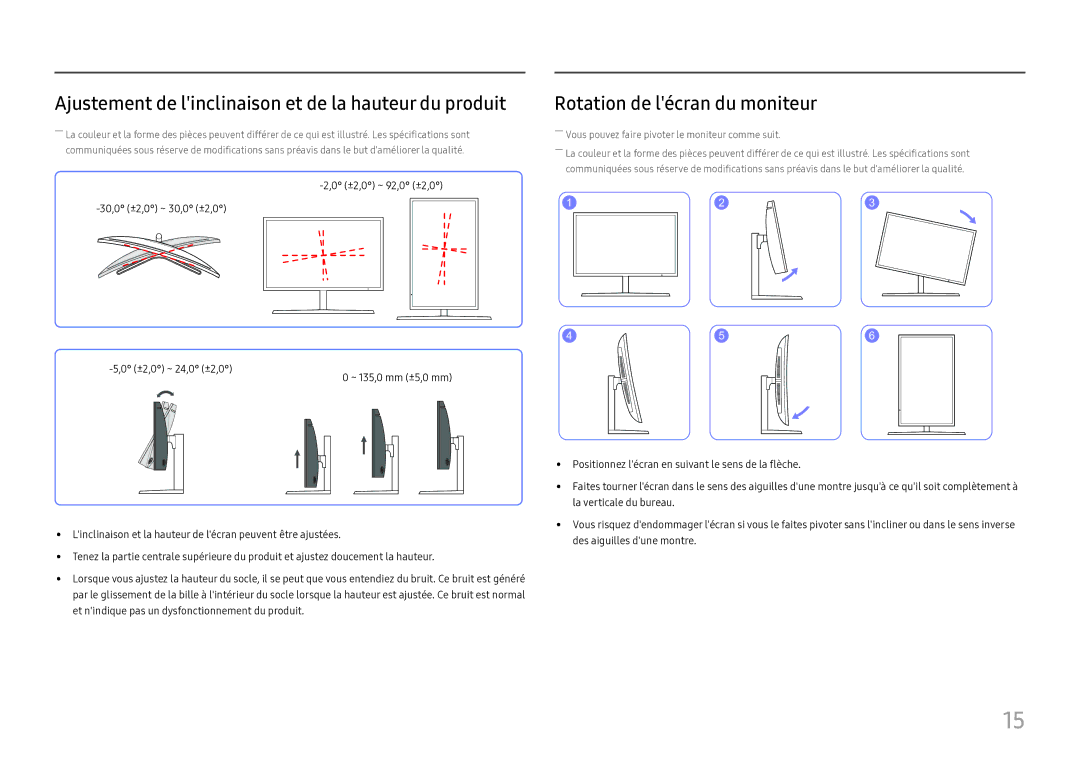 Samsung LC27H800FCUXEN manual Ajustement de linclinaison et de la hauteur du produit, Rotation de lécran du moniteur 