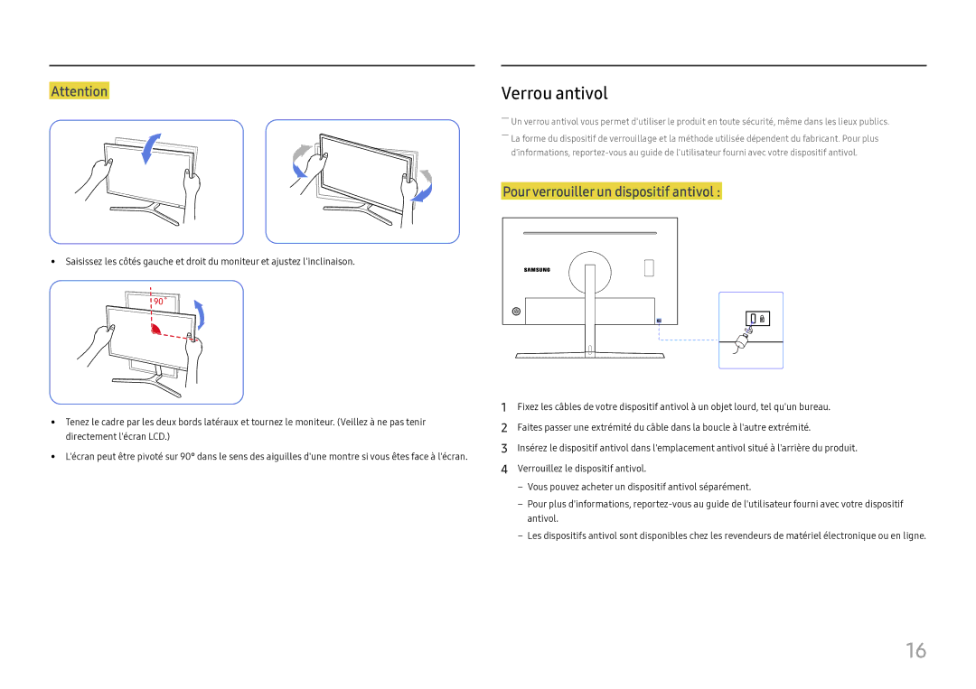 Samsung LC27H800FCUXEN manual Verrou antivol, Pour verrouiller un dispositif antivol 