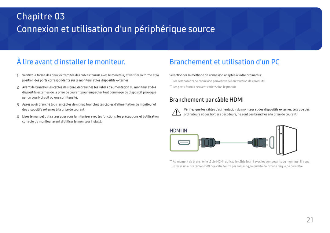 Samsung LC27H800FCUXEN manual Connexion et utilisation dun périphérique source, Lire avant dinstaller le moniteur 