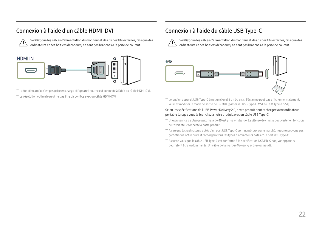 Samsung LC27H800FCUXEN manual Connexion à laide dun câble HDMI-DVI, Connexion à laide du câble USB Type-C 