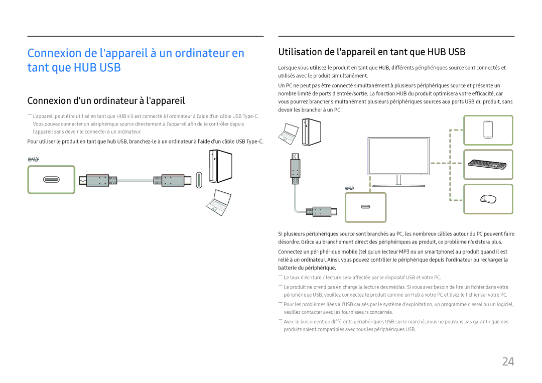 Samsung LC27H800FCUXEN Connexion de lappareil à un ordinateur en tant que HUB USB, Connexion dun ordinateur à lappareil 