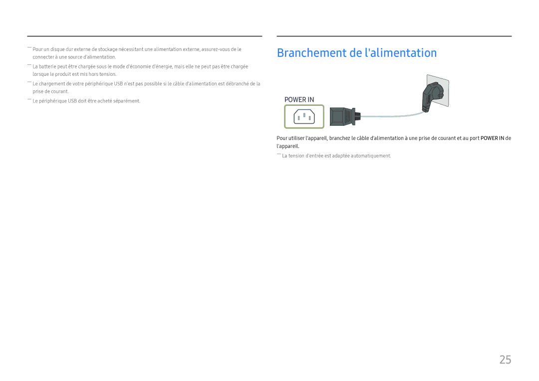 Samsung LC27H800FCUXEN manual Branchement de lalimentation, Power 