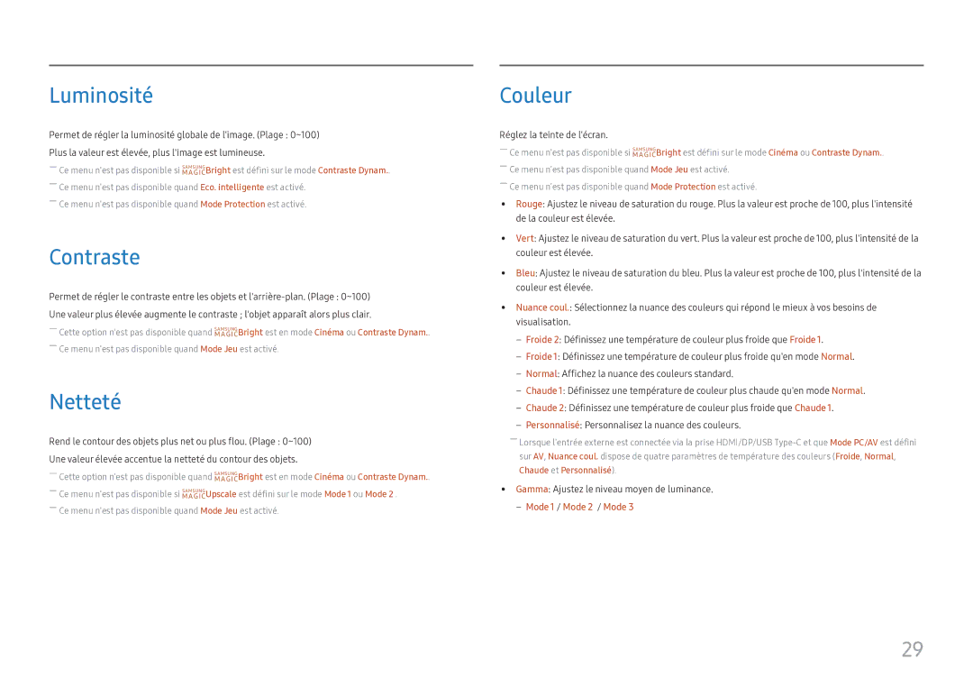 Samsung LC27H800FCUXEN manual Luminosité, Contraste, Netteté, Couleur 