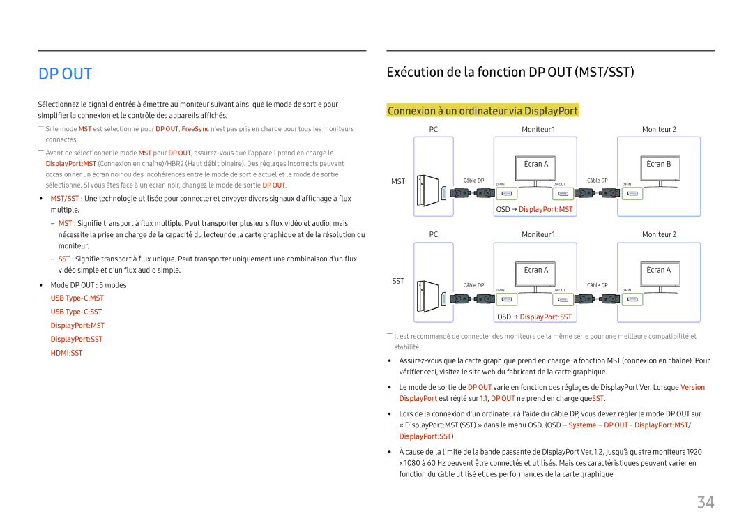 Samsung LC27H800FCUXEN manual Dp Out, Exécution de la fonction DP OUT MST/SST 