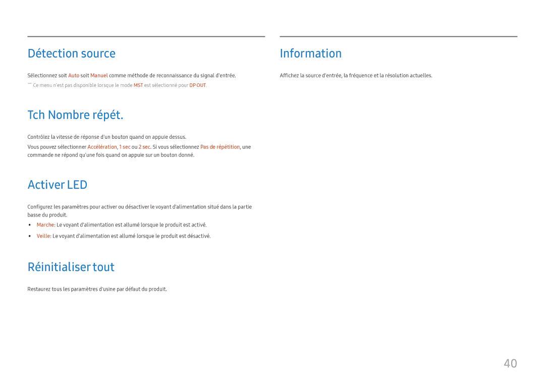 Samsung LC27H800FCUXEN manual Détection source, Tch Nombre répét, Activer LED, Réinitialiser tout 