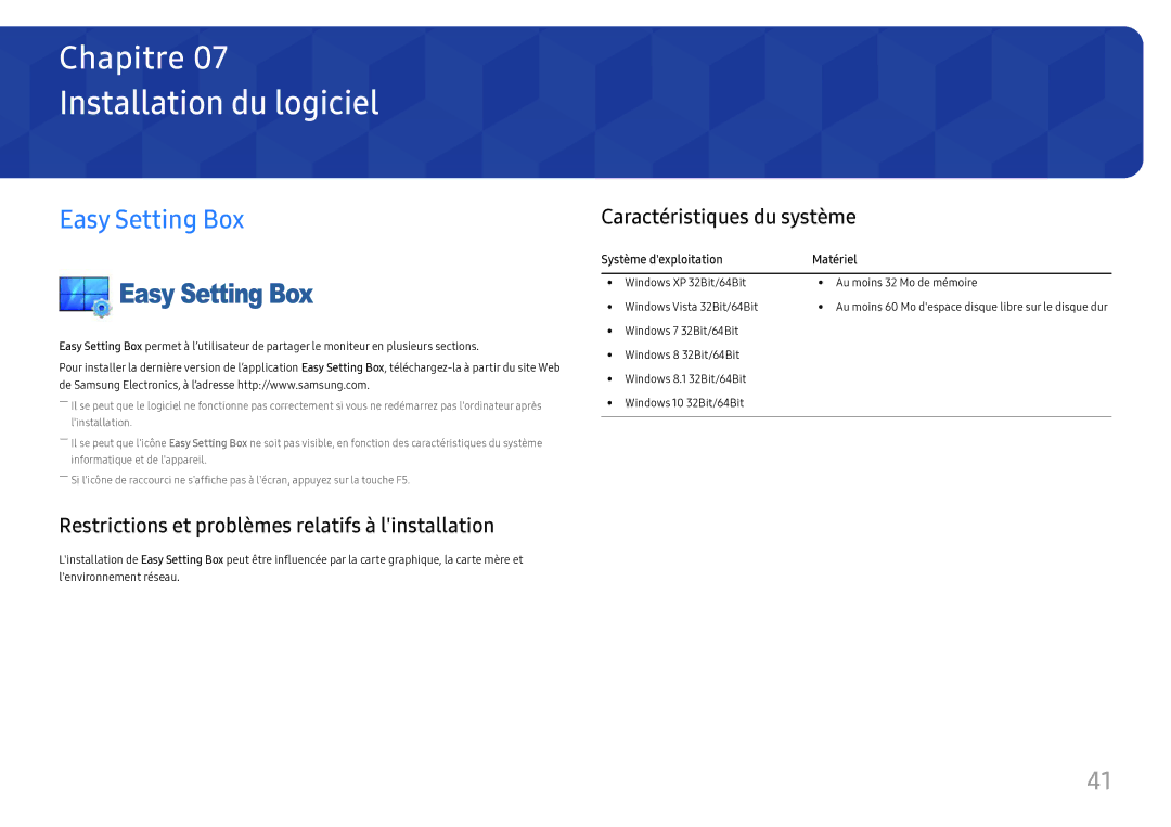 Samsung LC27H800FCUXEN Installation du logiciel, Easy Setting Box, Restrictions et problèmes relatifs à linstallation 