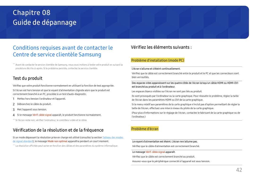 Samsung LC27H800FCUXEN manual Guide de dépannage, Test du produit, Vérifiez les éléments suivants 