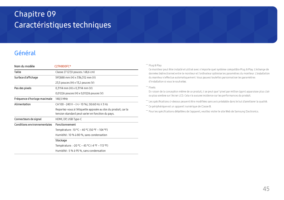 Samsung LC27H800FCUXEN manual Caractéristiques techniques, Général 