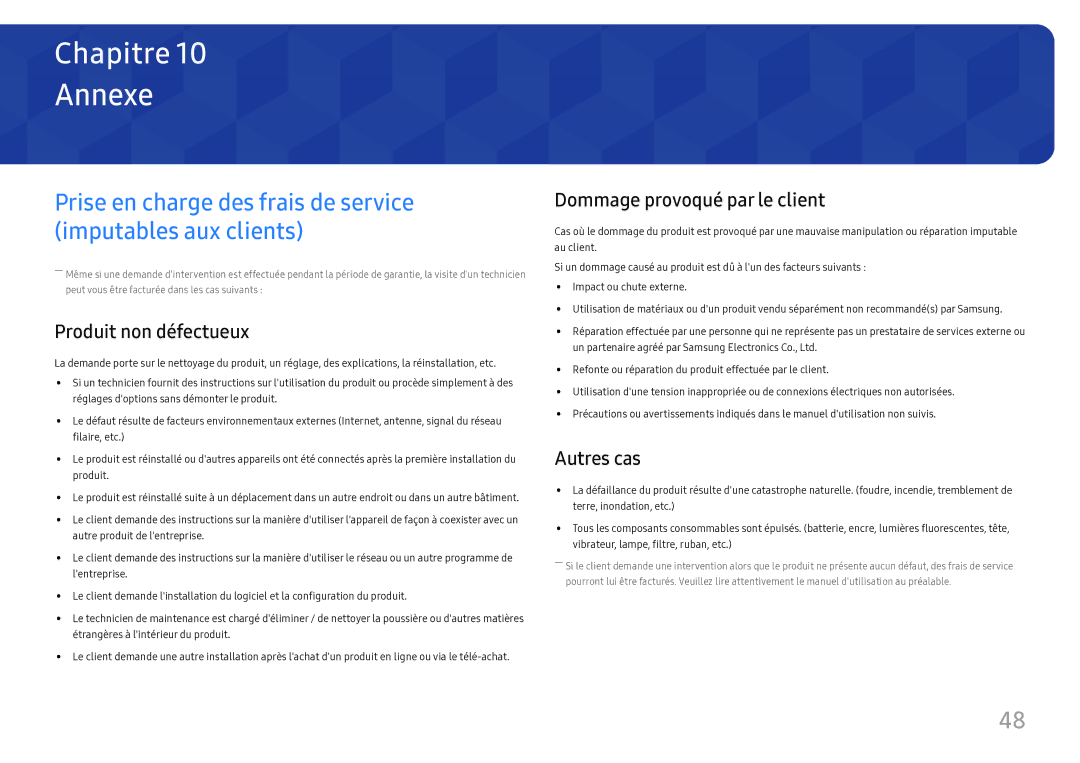 Samsung LC27H800FCUXEN manual Annexe, Prise en charge des frais de service imputables aux clients, Produit non défectueux 