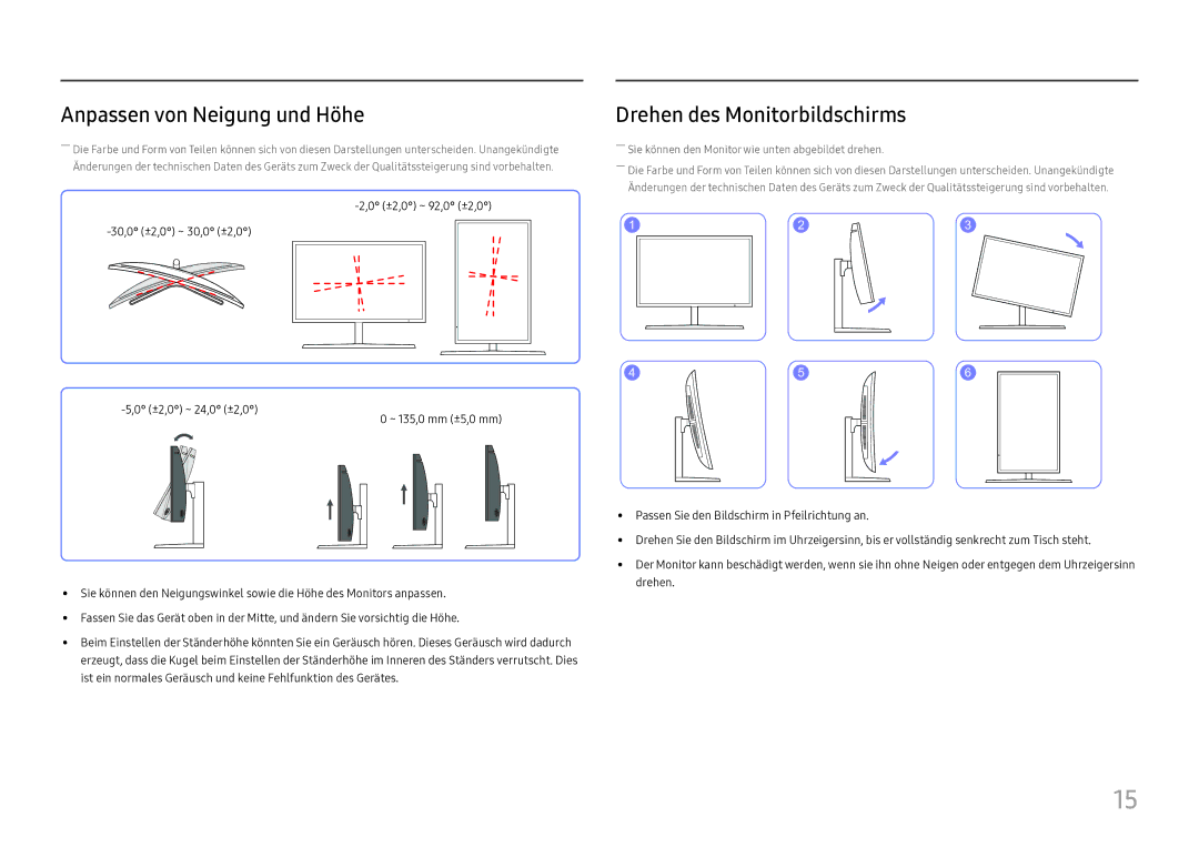 Samsung LC27H800FCUXEN manual Anpassen von Neigung und Höhe, Drehen des Monitorbildschirms 