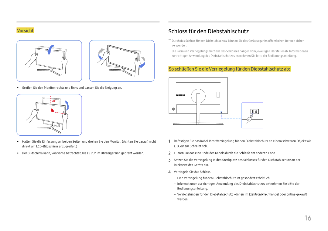 Samsung LC27H800FCUXEN manual Schloss für den Diebstahlschutz, Vorsicht 