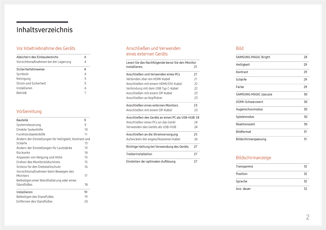 Samsung LC27H800FCUXEN manual Inhaltsverzeichnis 