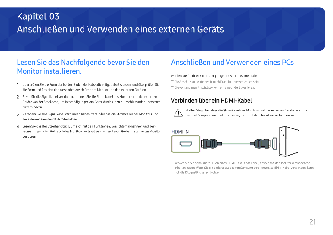 Samsung LC27H800FCUXEN manual Anschließen und Verwenden eines externen Geräts, Anschließen und Verwenden eines PCs 