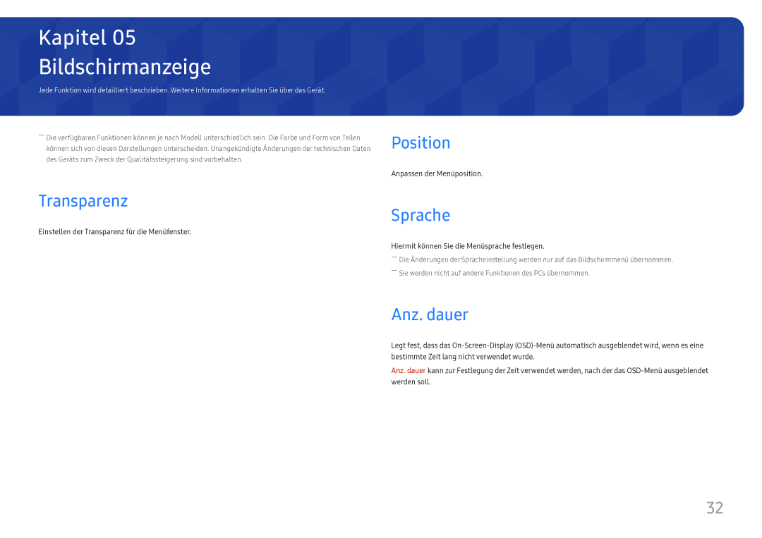 Samsung LC27H800FCUXEN manual Bildschirmanzeige, Transparenz, Position, Sprache, Anz. dauer 