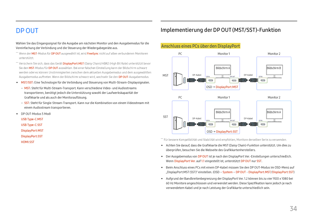 Samsung LC27H800FCUXEN manual Dp Out, Implementierung der DP OUT MST/SST-Funktion 