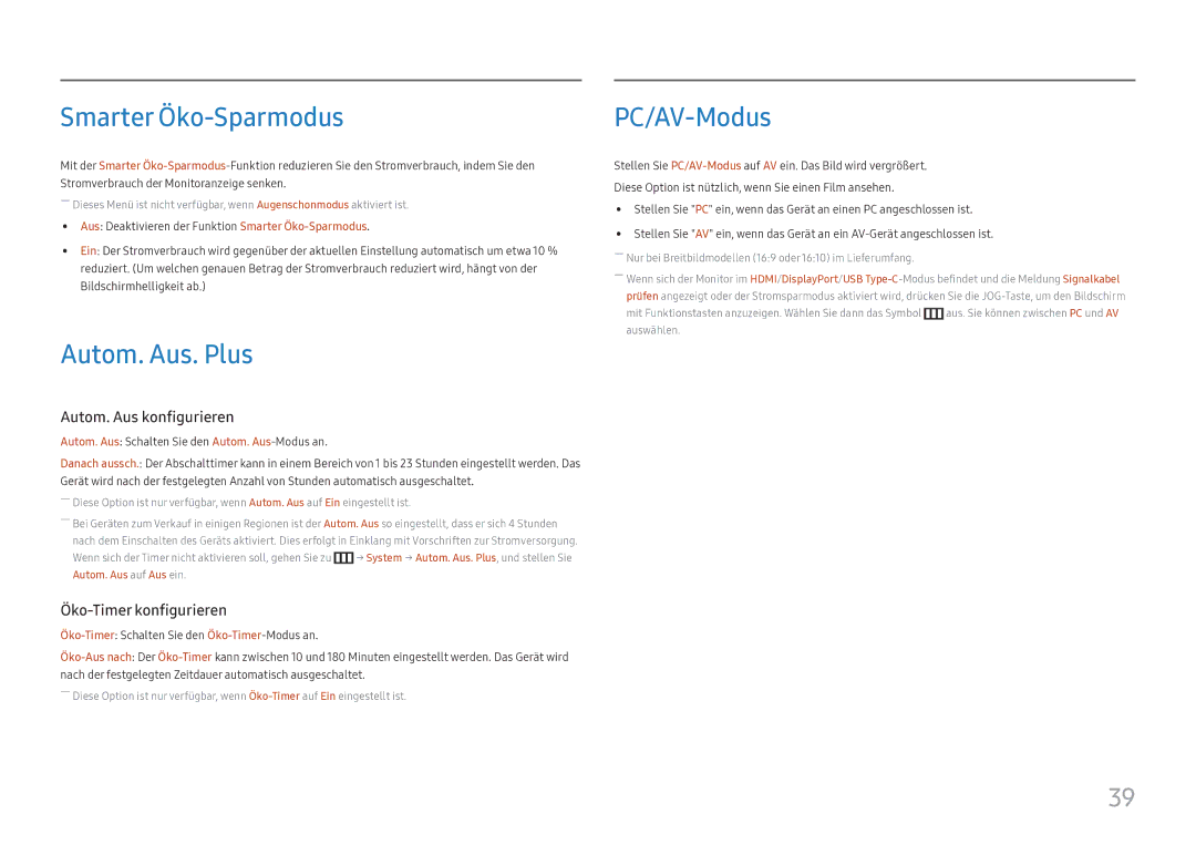 Samsung LC27H800FCUXEN manual Smarter Öko-Sparmodus, Autom. Aus. Plus, PC/AV-Modus 