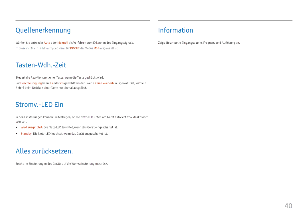 Samsung LC27H800FCUXEN manual Quellenerkennung Information, Tasten-Wdh.-Zeit, Stromv.-LED Ein, Alles zurücksetzen 