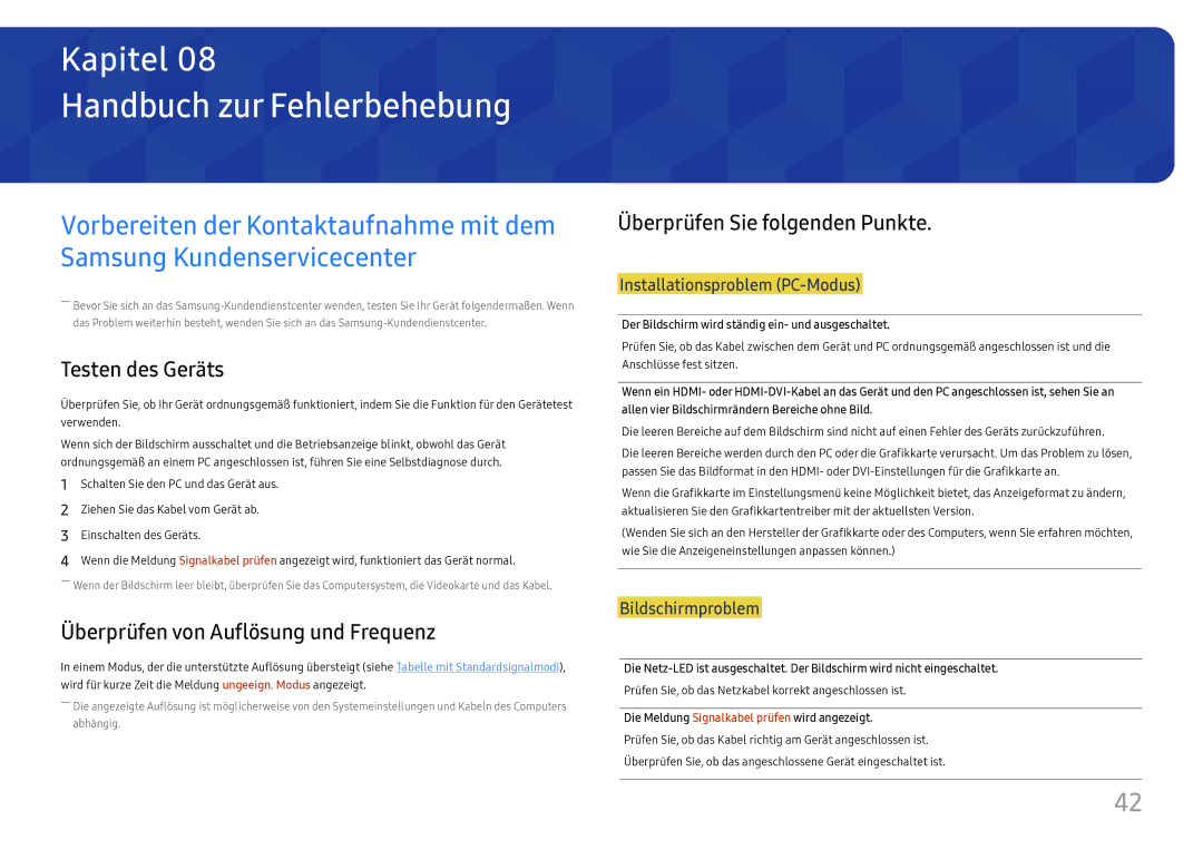 Samsung LC27H800FCUXEN manual Handbuch zur Fehlerbehebung, Testen des Geräts, Überprüfen von Auflösung und Frequenz 