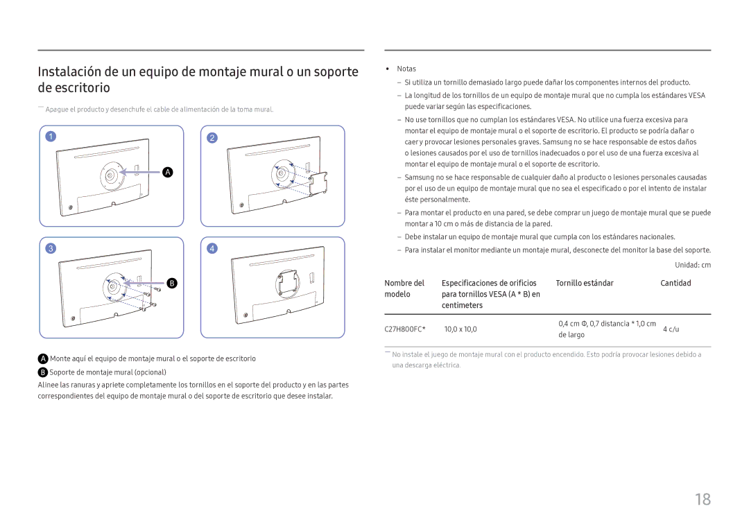 Samsung LC27H800FCUXEN manual C27H800FC 10,0 x 10,0 Cm Φ, 0,7 distancia * 1,0 cm De largo 