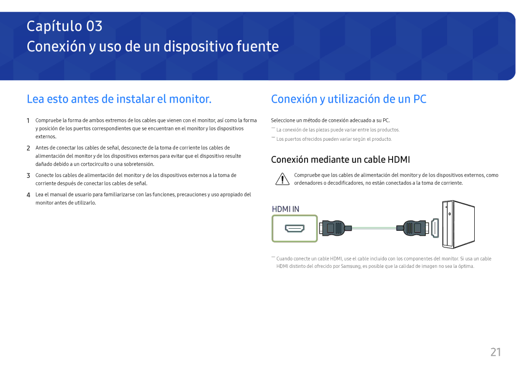 Samsung LC27H800FCUXEN manual Conexión y uso de un dispositivo fuente, Lea esto antes de instalar el monitor 