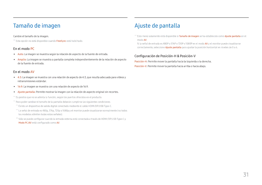 Samsung LC27H800FCUXEN manual Tamaño de imagen, Ajuste de pantalla 