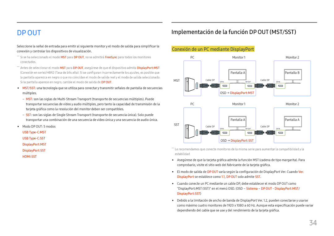 Samsung LC27H800FCUXEN manual Dp Out, Implementación de la función DP OUT MST/SST 