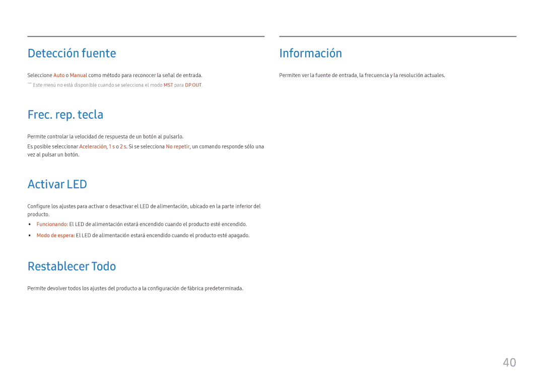 Samsung LC27H800FCUXEN manual Detección fuente, Información, Frec. rep. tecla, Activar LED, Restablecer Todo 