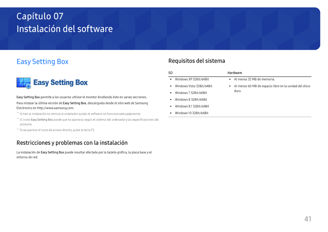 Samsung LC27H800FCUXEN manual Instalación del software, Easy Setting Box, Requisitos del sistema 