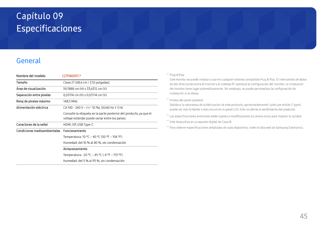 Samsung LC27H800FCUXEN manual Especificaciones, General 