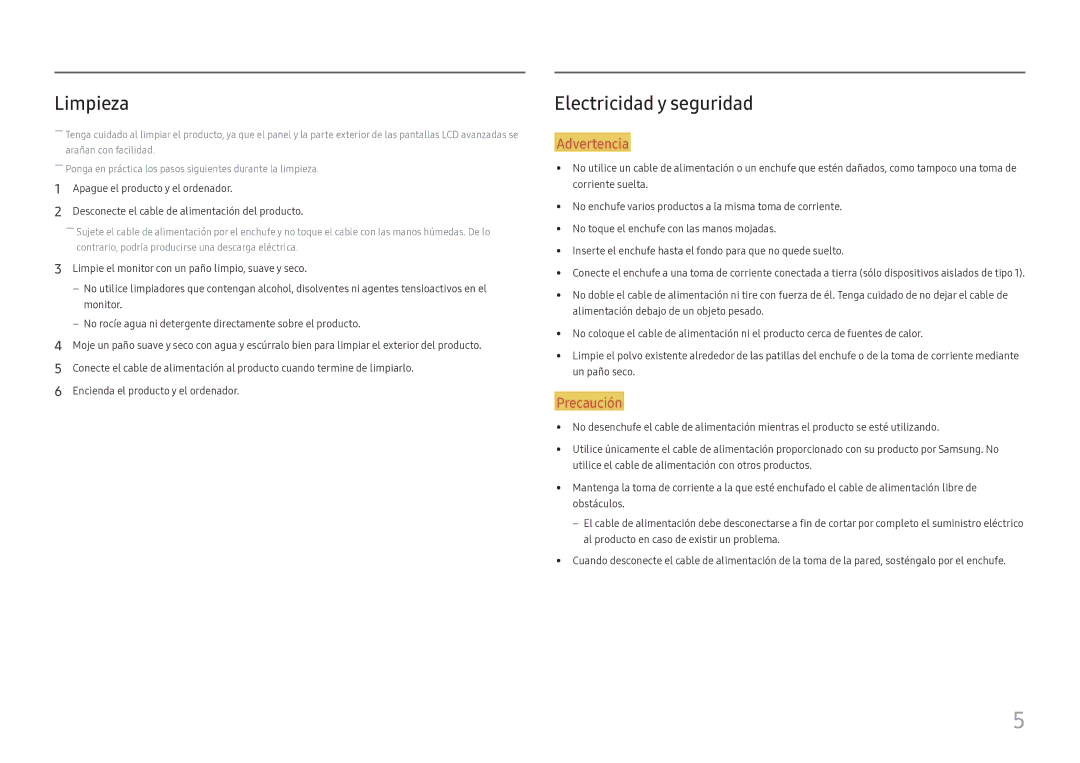 Samsung LC27H800FCUXEN manual Limpieza, Electricidad y seguridad 