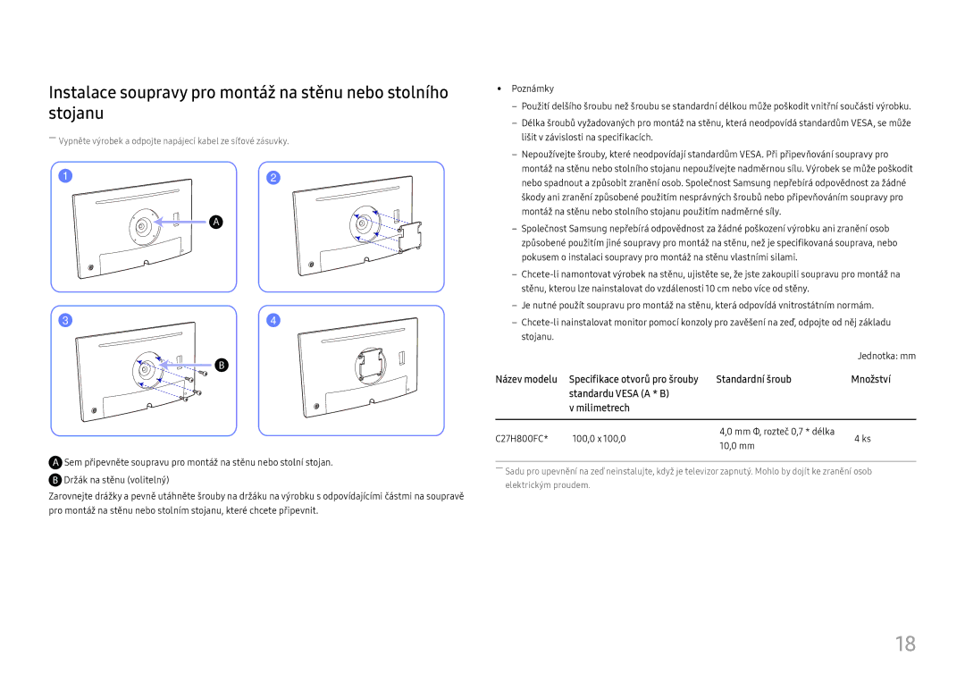 Samsung LC27H800FCUXEN manual Instalace soupravy pro montáž na stěnu nebo stolního stojanu 