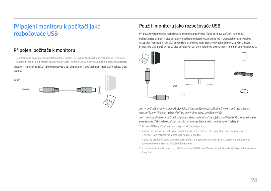 Samsung LC27H800FCUXEN manual Připojení monitoru k počítači jako rozbočovače USB, Připojení počítače k monitoru 