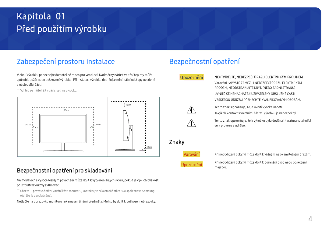 Samsung LC27H800FCUXEN manual Před použitím výrobku, Zabezpečení prostoru instalace, Bezpečnostní opatření, Znaky 