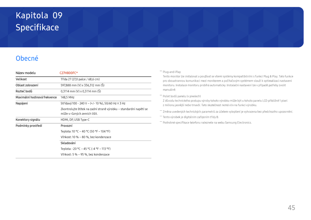 Samsung LC27H800FCUXEN manual Specifikace, Obecné 