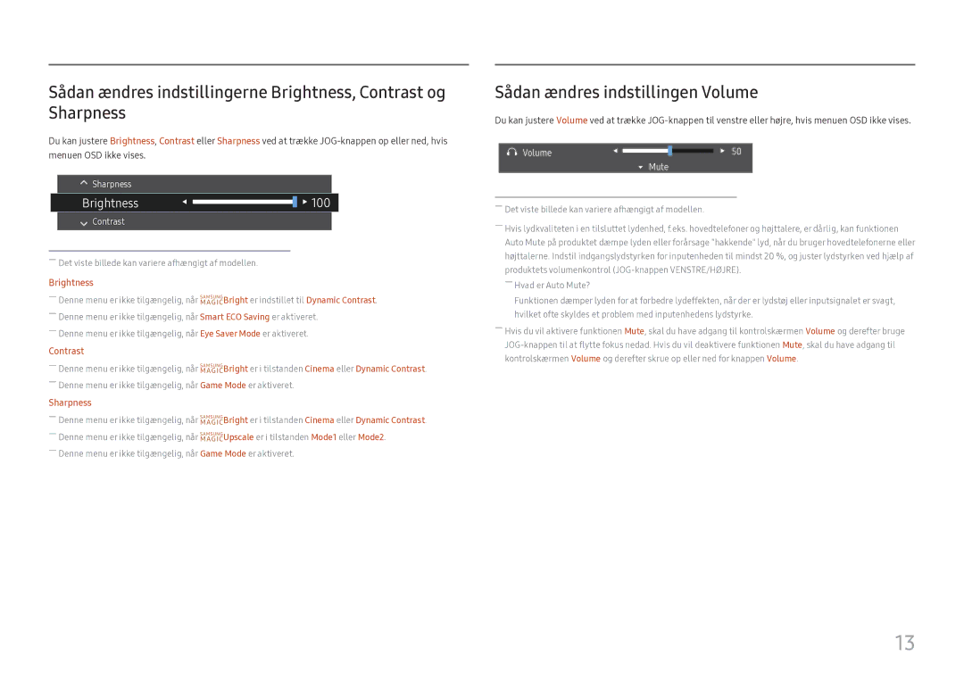 Samsung LC27H800FCUXEN manual Sådan ændres indstillingen Volume, Brightness 100 