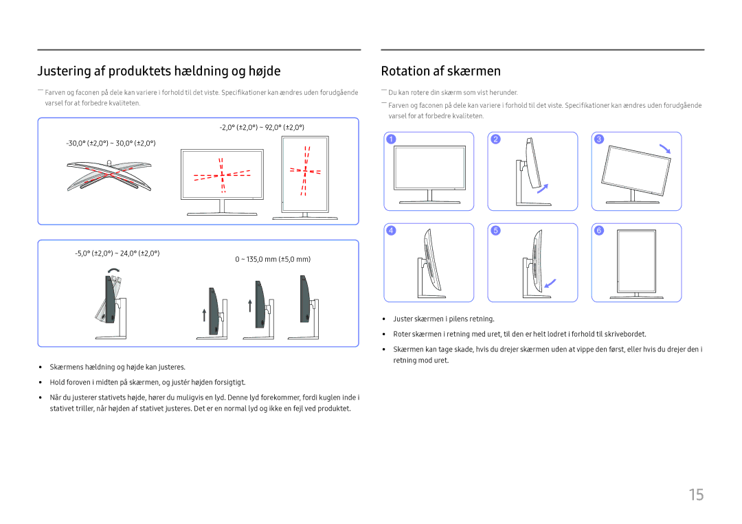 Samsung LC27H800FCUXEN manual Justering af produktets hældning og højde, Rotation af skærmen 