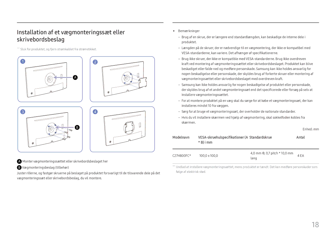 Samsung LC27H800FCUXEN manual Installation af et vægmonteringssæt eller skrivebordsbeslag 